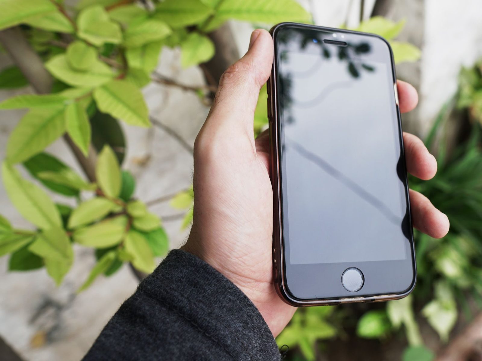 Mano che tiene uno smartphone con lo schermo spento all'aperto, davanti a foglie verdi