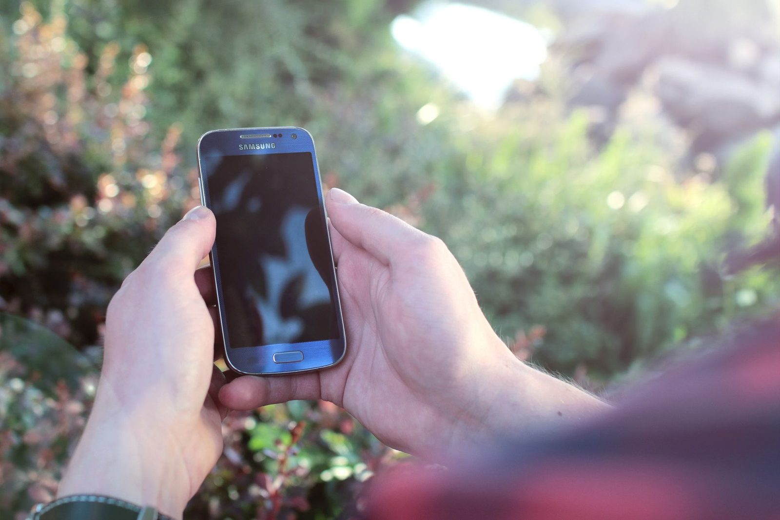 Mani che tengono uno smartphone Samsung con lo schermo spento all'aperto, davanti a una vegetazione sfocata